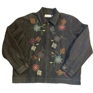 Alfred Dunner Women's Embroidered Black Denim Lined Jacket Size 14 Pockets